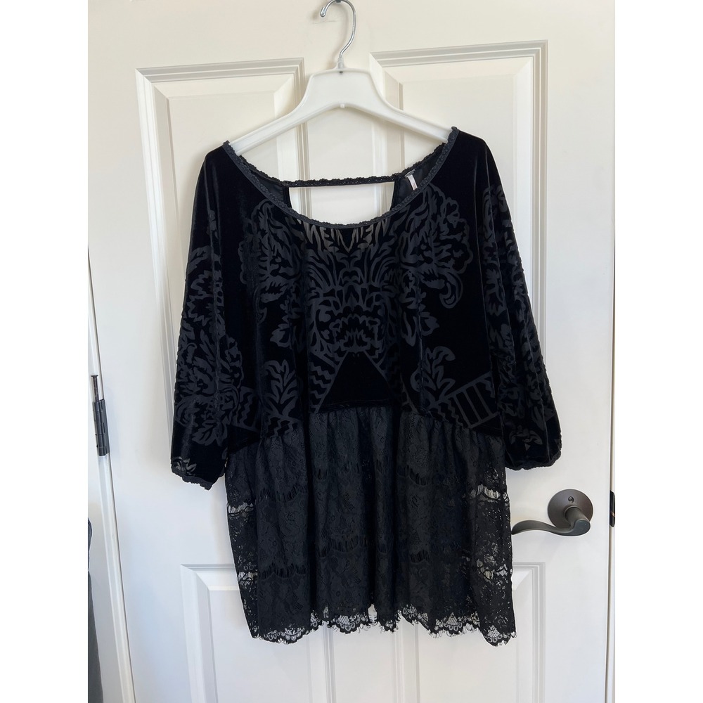Free People Fortune Teller Black Burnout Velvet Lace Tunic Top Size Small